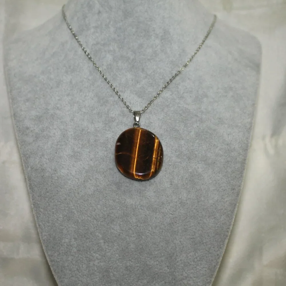 Tiger’s Eye Polished Stone Pendant Necklace – Natural Brown Gem Charm - Picture 1 of 6